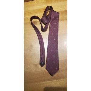 Men's Neck Tie 100% Silk Burgundy Red w Black Checkered Pin Stripes White Emblem